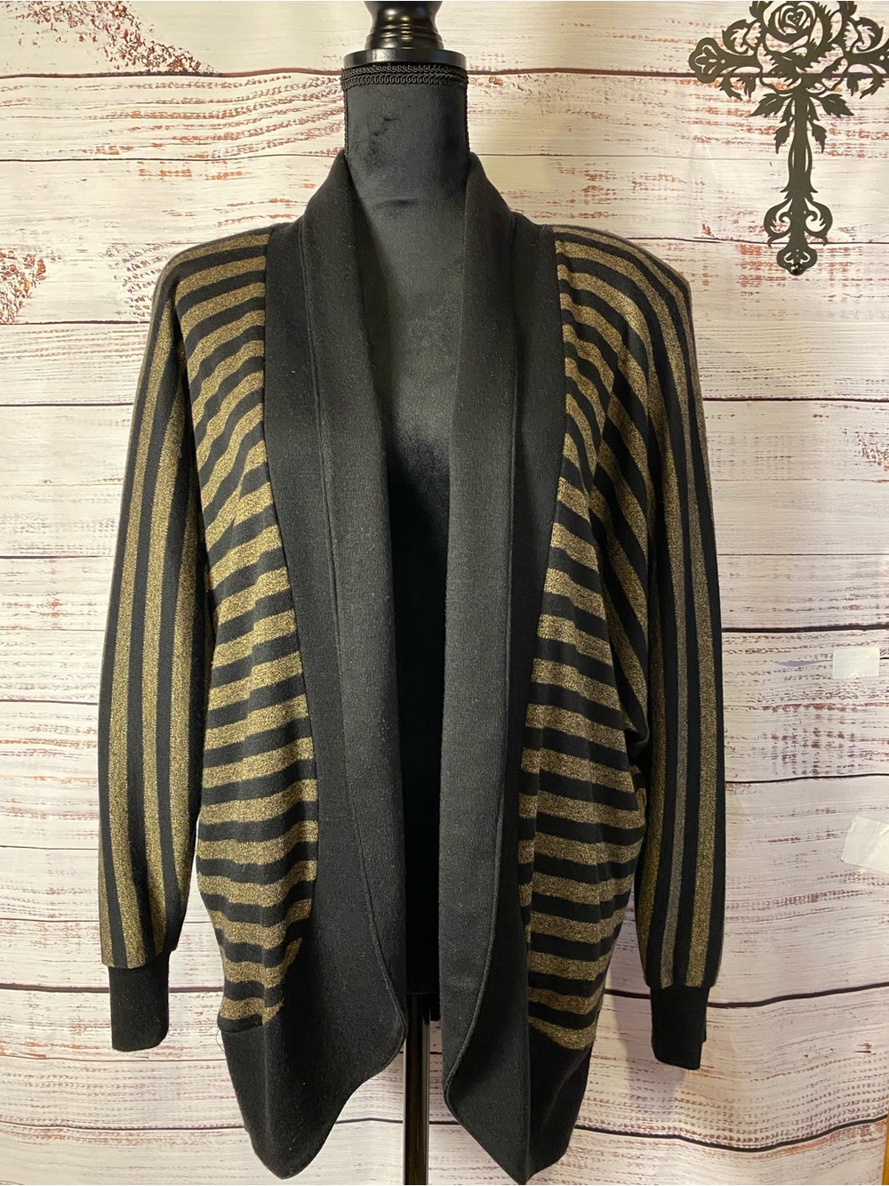 VTG 1980’s Women's Black & Gold Striped Open-Front Cardigan Sz-M